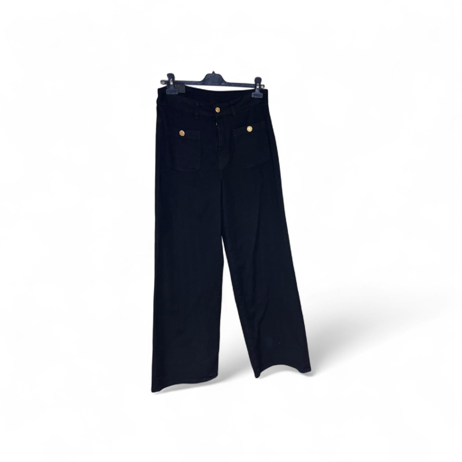 Pantalones Wide Leg Negros con Botones Dorados